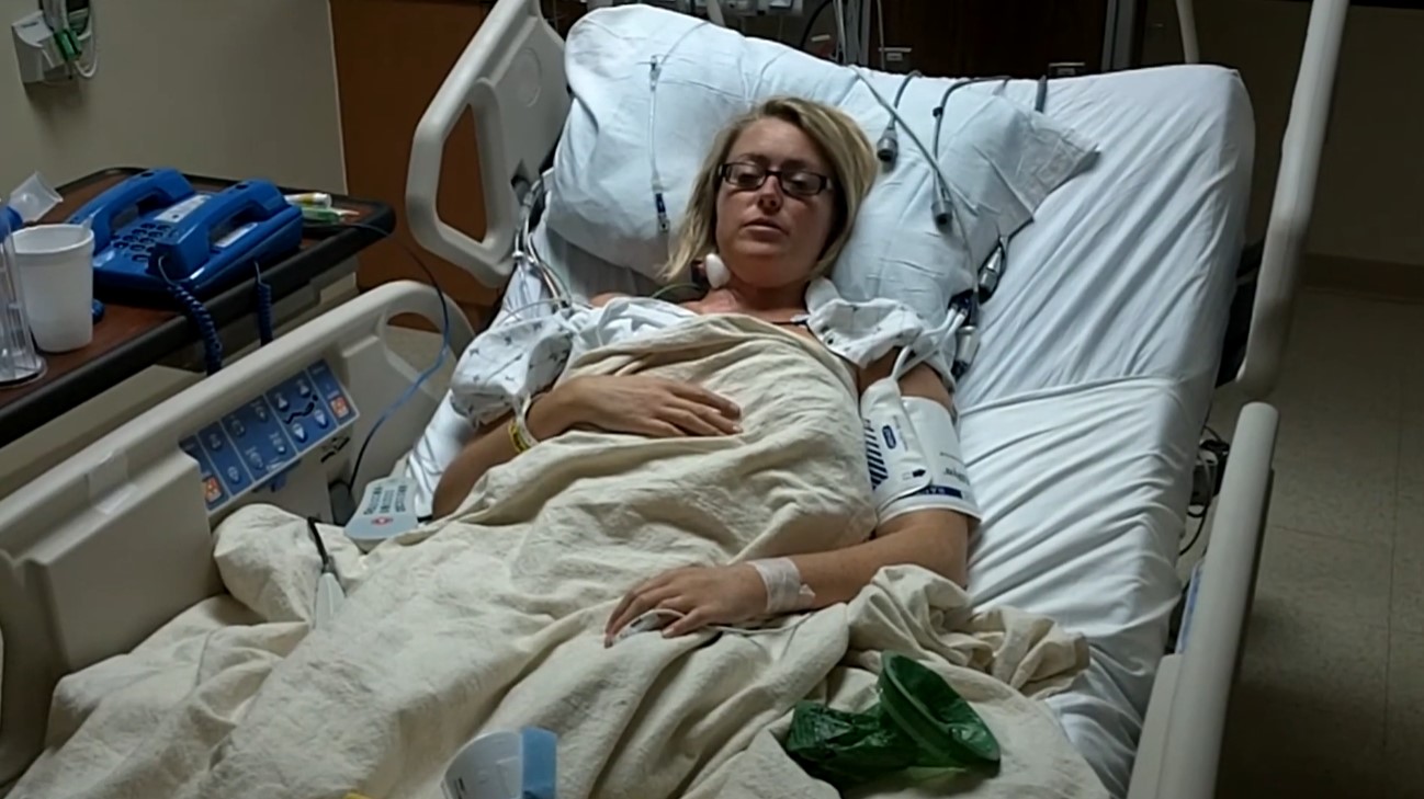 Kortney recovering in the hospital after her first kidney transplant in 2011